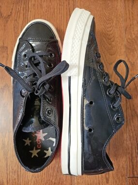 Converse Black Patent Low-Top Sneakers with Red Bottom, Men 4.5, Women 6.5